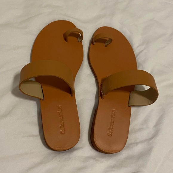 Reformation Mila Brown Leather Flat Sandals Size 7.5 - Picture 3 of 17